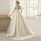 Satin Wedding Dresses with Pockets O-neck Long Sleeves Arabic Lace  Dress Robe