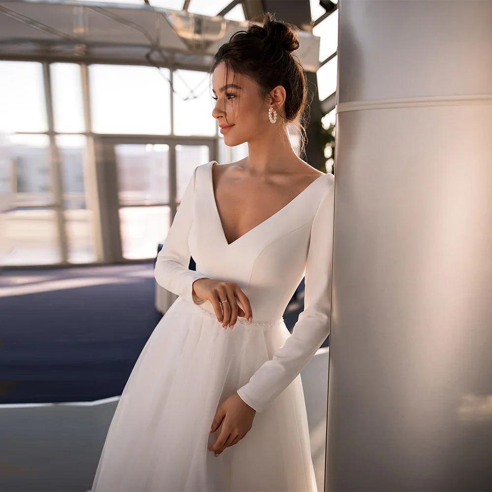 NumberSea-Wedding Dress Elegant Long Sleeves V Neck Beading Belt Bridal Gown  A Line Short Wedding Dresses