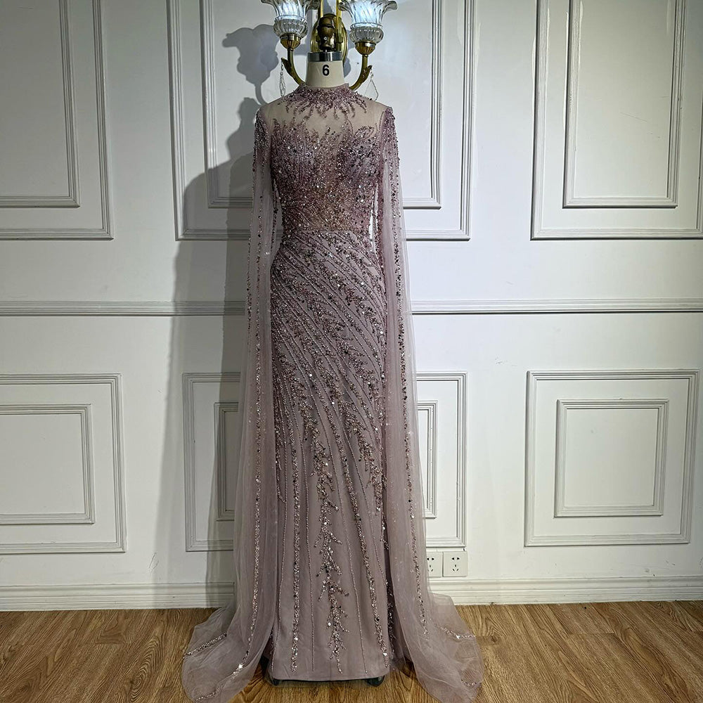 Vestido de Noche de Lujo Nude Estilo Sirena con Mangas de Capa