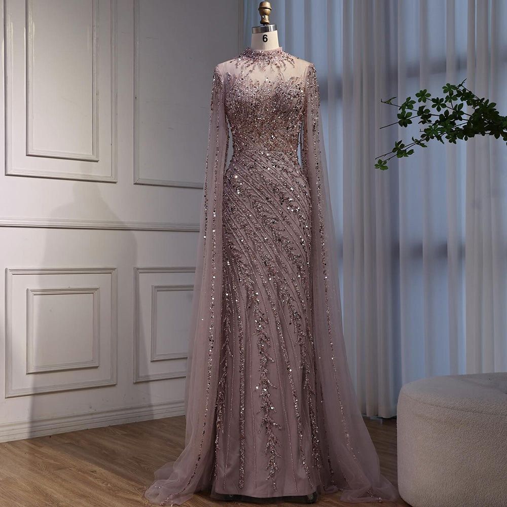 Vestido de Noche de Lujo Nude Estilo Sirena con Mangas de Capa