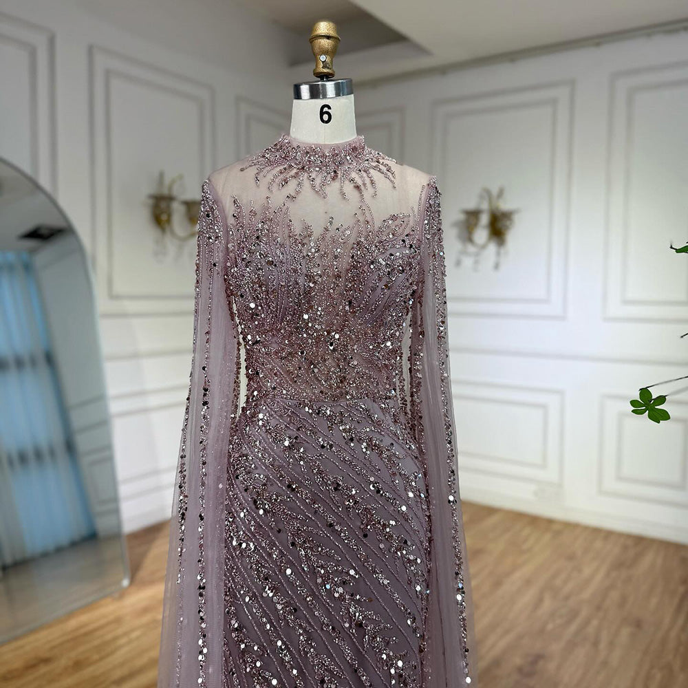 Vestido de Noche de Lujo Nude Estilo Sirena con Mangas de Capa