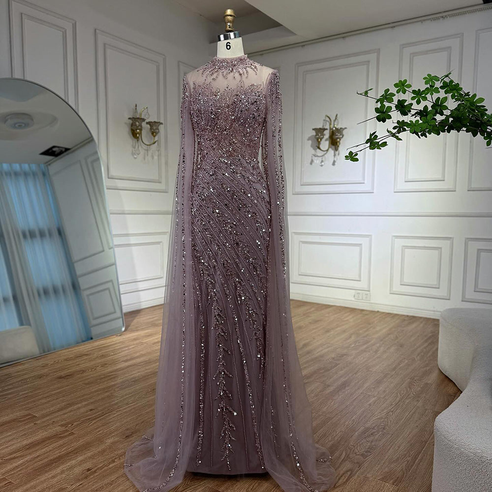 Vestido de Noche de Lujo Nude Estilo Sirena con Mangas de Capa