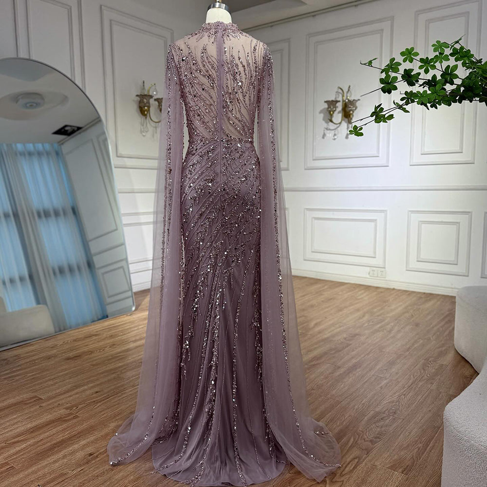 Vestido de Noche de Lujo Nude Estilo Sirena con Mangas de Capa