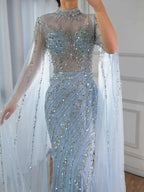 Vestido de Noche de Lujo Nude Estilo Sirena con Mangas de Capa
