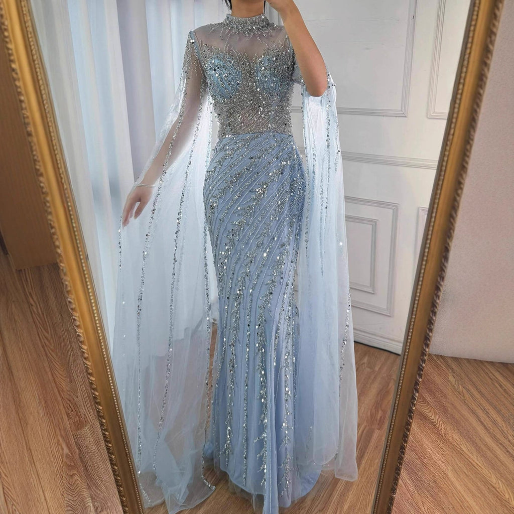 Vestido de Noche de Lujo Nude Estilo Sirena con Mangas de Capa