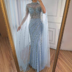 Vestido de Noche de Lujo Nude Estilo Sirena con Mangas de Capa