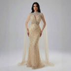 Luxuriöses Abendkleid Nude Perlen Bestickte Robe mit Tüllschleppe