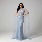 Luxuriöses Abendkleid Nude Perlen Bestickte Robe mit Tüllschleppe
