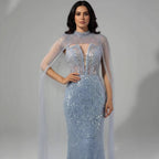 Luxuriöses Abendkleid Nude Perlen Bestickte Robe mit Tüllschleppe