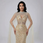 Luxuriöses Abendkleid Nude Perlen Bestickte Robe mit Tüllschleppe