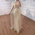 Luxuriöses Abendkleid Nude Perlen Bestickte Robe mit Tüllschleppe