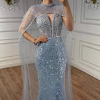 Luxuriöses Abendkleid Nude Perlen Bestickte Robe mit Tüllschleppe