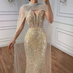 Luxuriöses Abendkleid Nude Perlen Bestickte Robe mit Tüllschleppe