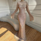 Luxury Arabic Lace Beaded Mermaid Evening Dress with Sleeves