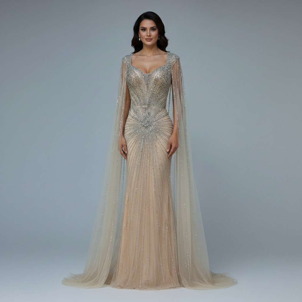 Dubai Luxuriöses Abendkleid mit nackten Cape-Ärmeln und Perlen LA72575A