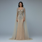 Dubai Luxuriöses Abendkleid mit nackten Cape-Ärmeln und Perlen LA72575A