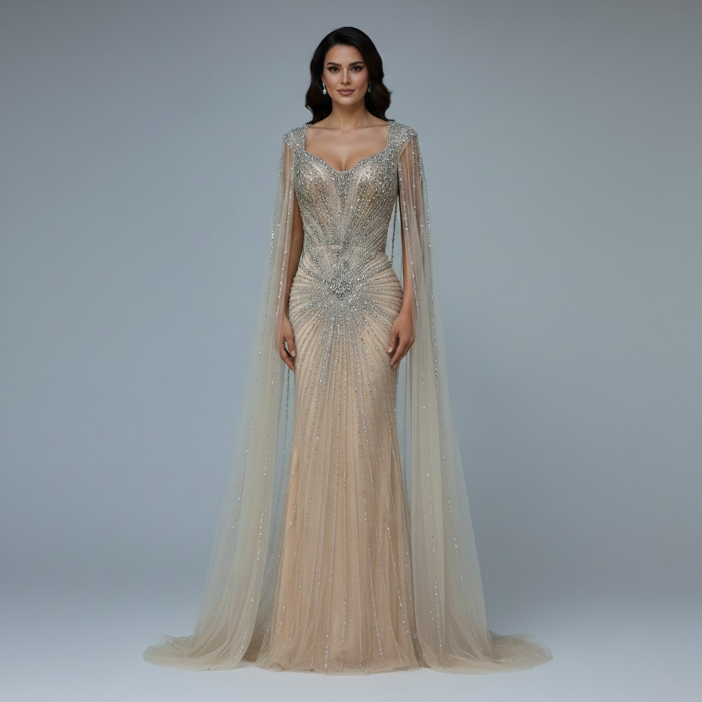 Dubai Luxuriöses Abendkleid mit nackten Cape-Ärmeln und Perlen LA72575A