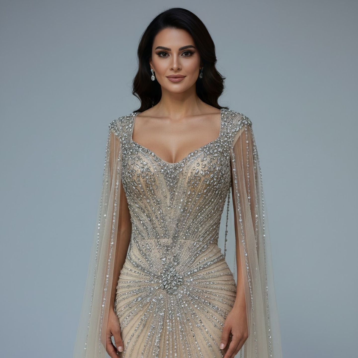Dubai Luxuriöses Abendkleid mit nackten Cape-Ärmeln und Perlen LA72575A
