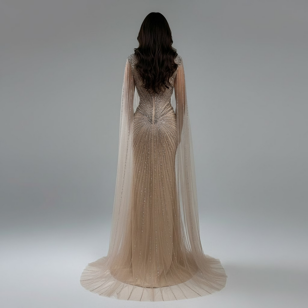 Dubai Luxuriöses Abendkleid mit nackten Cape-Ärmeln und Perlen LA72575A