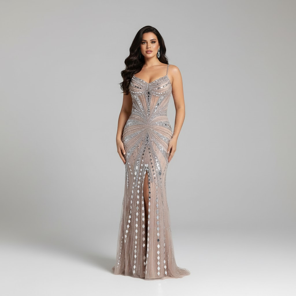 Vestido de Fiesta Sirena Corsé Nude de Lujo con Cuentas LA72803A