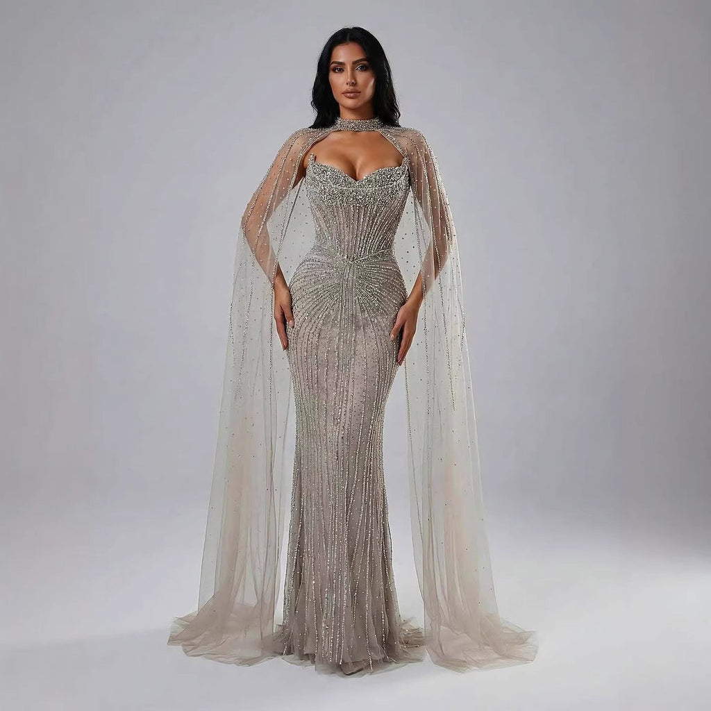 Vestido de Noche de Lujo con Capa y Cuentas de Caramelo de Dubái LA72811C