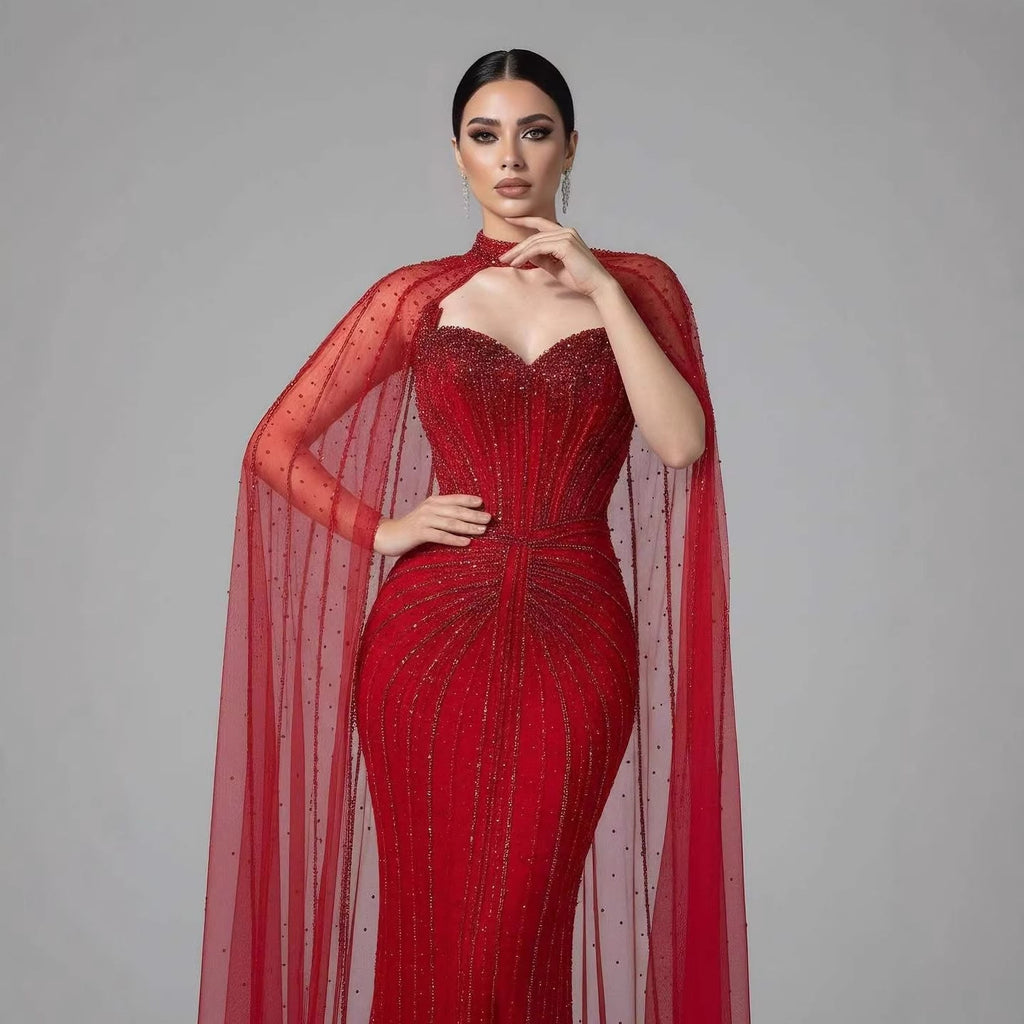 Vestido de Noche de Lujo con Capa y Cuentas de Caramelo de Dubái LA72811C