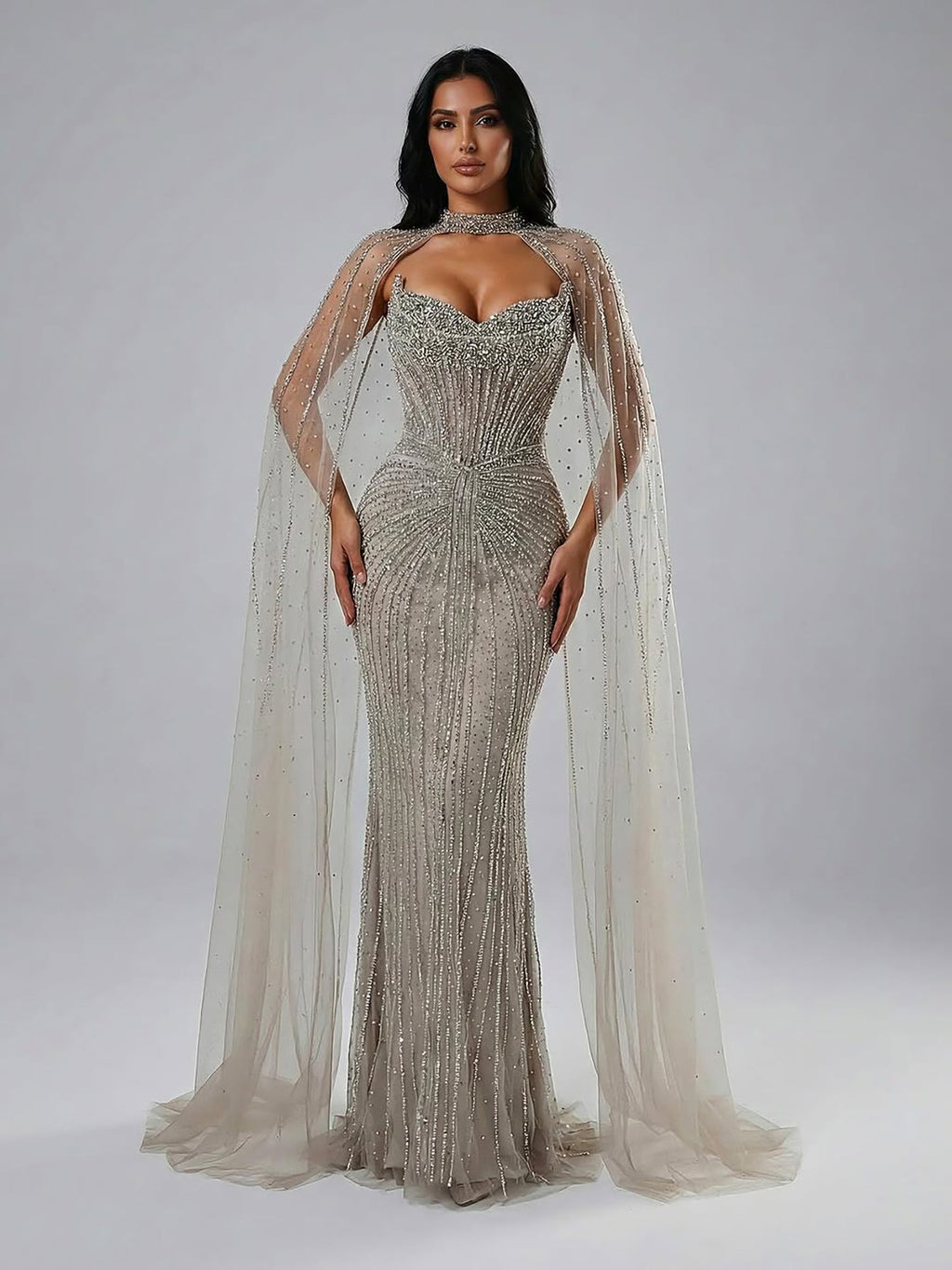 Vestido de Noche de Lujo con Capa y Cuentas de Caramelo de Dubái LA72811C