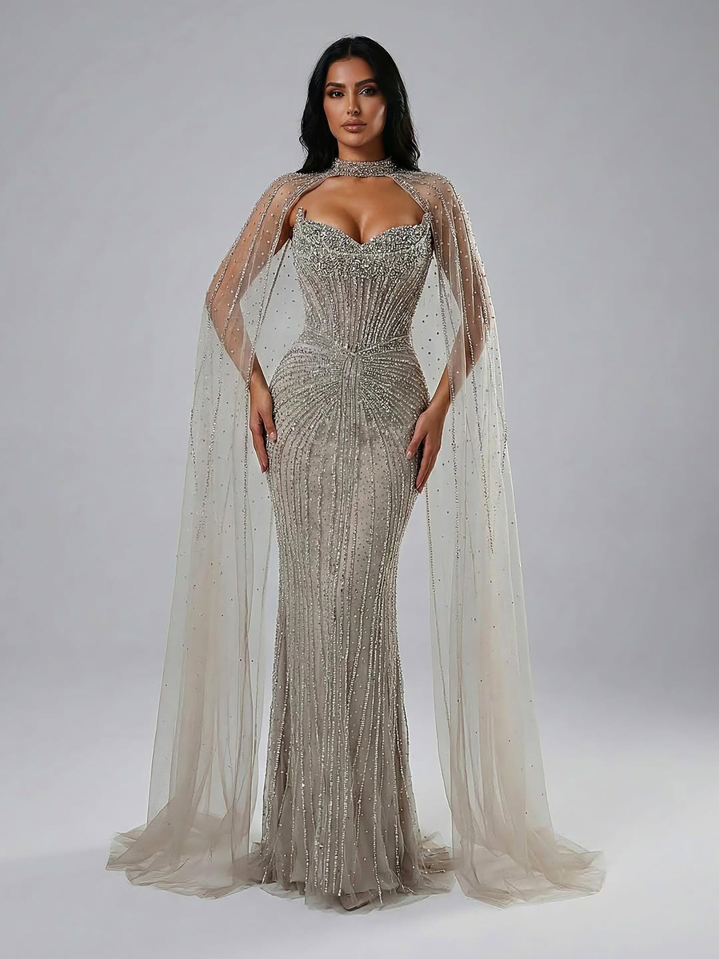 Vestido de Noche de Lujo con Capa y Cuentas de Caramelo de Dubái LA72811C