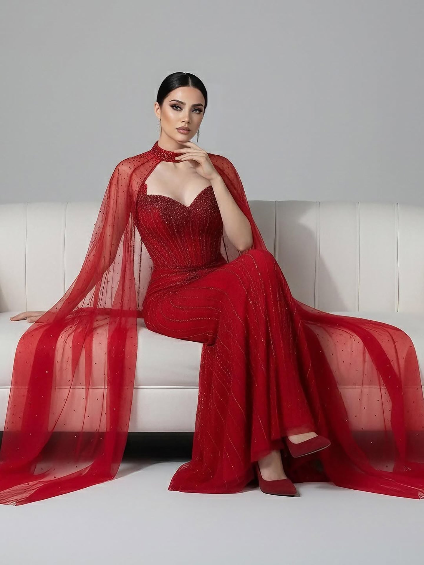 Vestido de Noche de Lujo con Capa y Cuentas de Caramelo de Dubái LA72811C