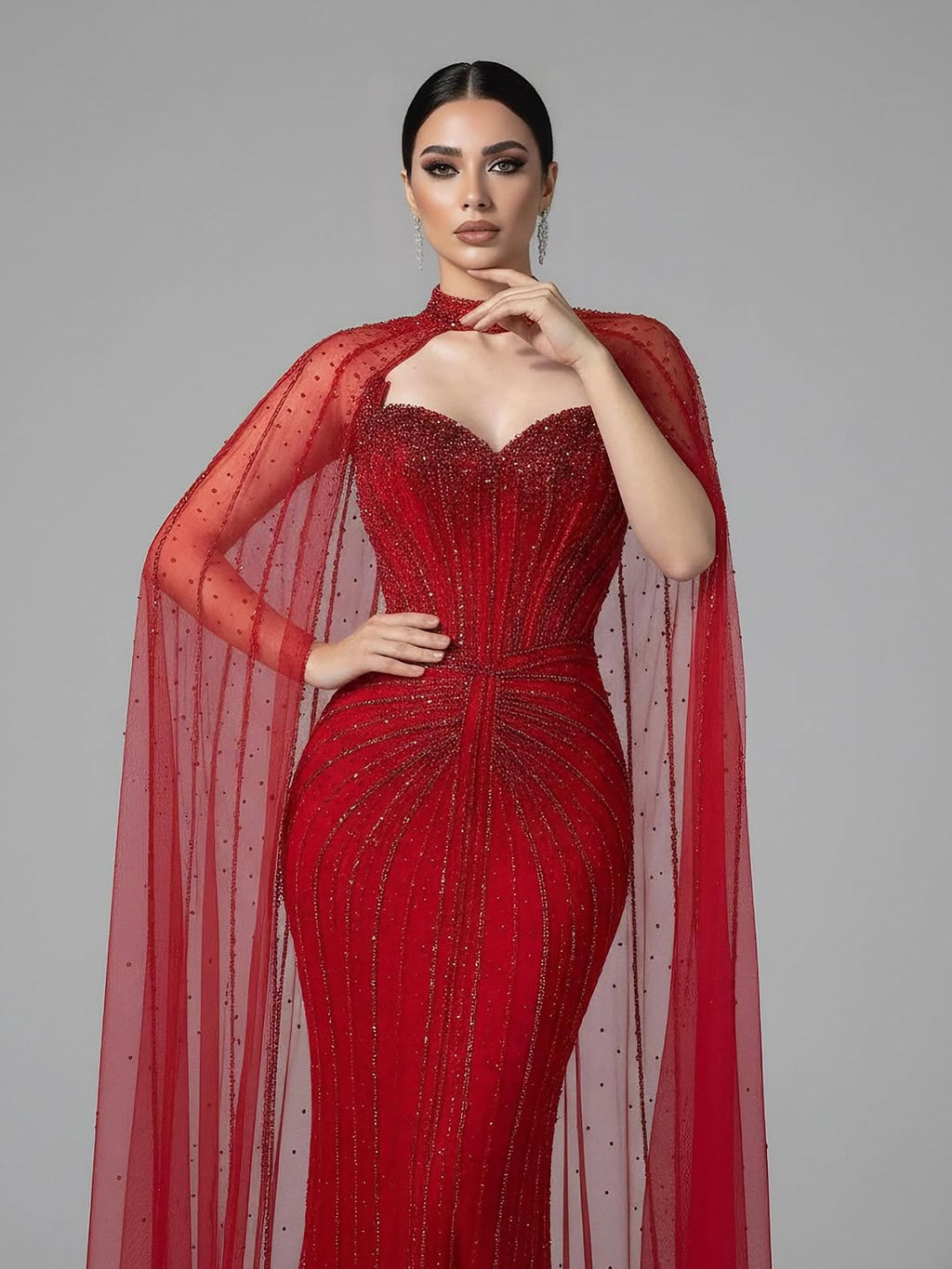 Vestido de Noche de Lujo con Capa y Cuentas de Caramelo de Dubái LA72811C