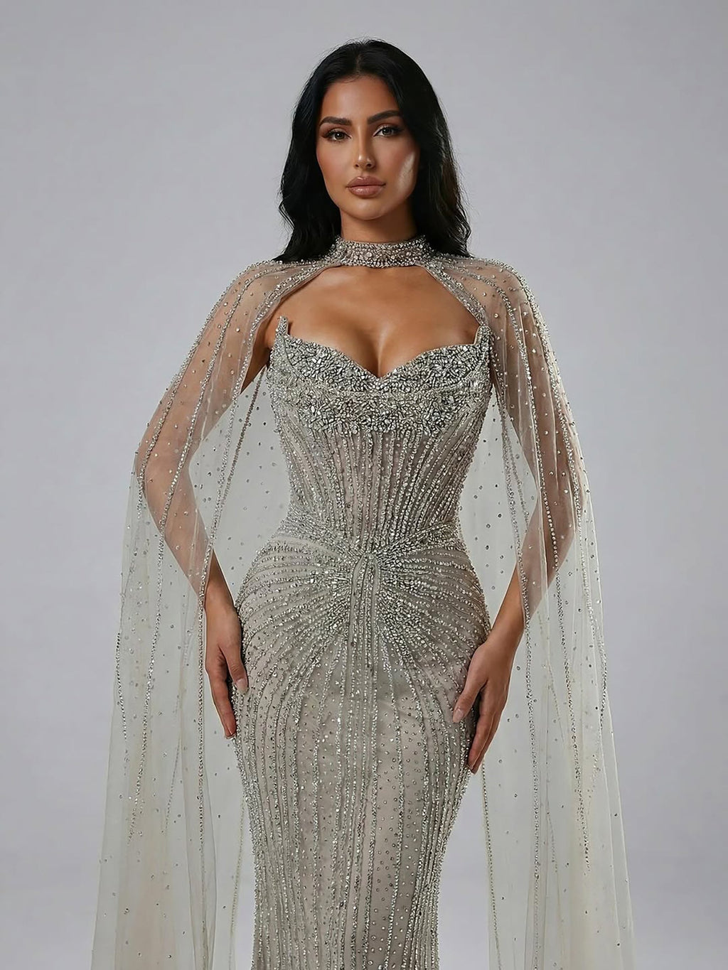 Vestido de Noche de Lujo con Capa y Cuentas de Caramelo de Dubái LA72811C