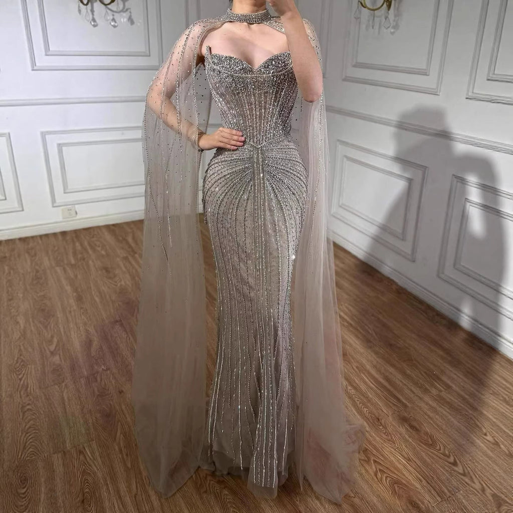 Vestido de Noche de Lujo con Capa y Cuentas de Caramelo de Dubái LA72811C