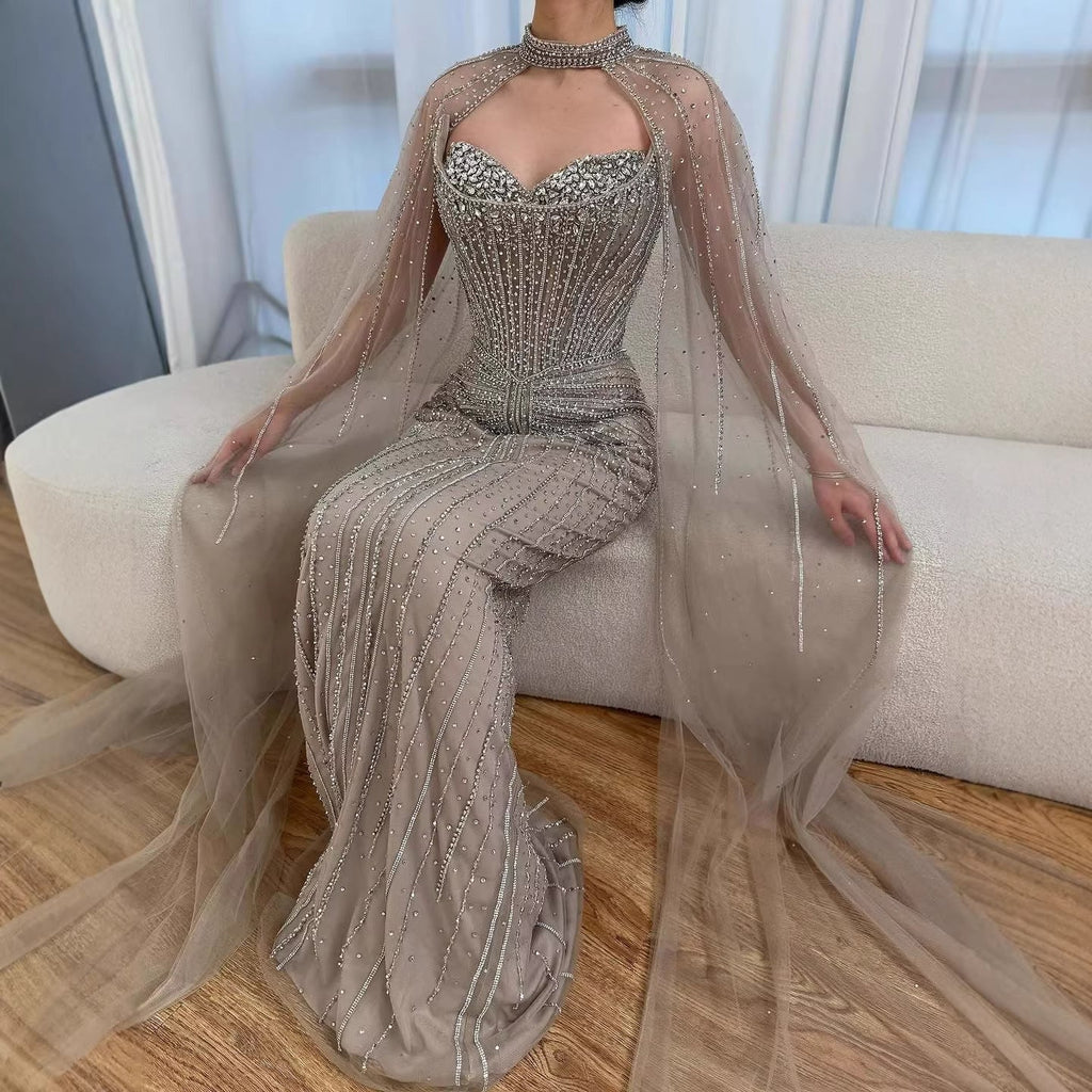 Vestido de Noche de Lujo con Capa y Cuentas de Caramelo de Dubái LA72811C