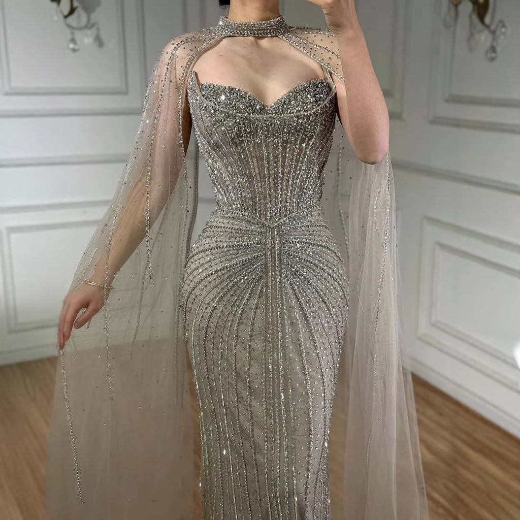 Vestido de Noche de Lujo con Capa y Cuentas de Caramelo de Dubái LA72811C