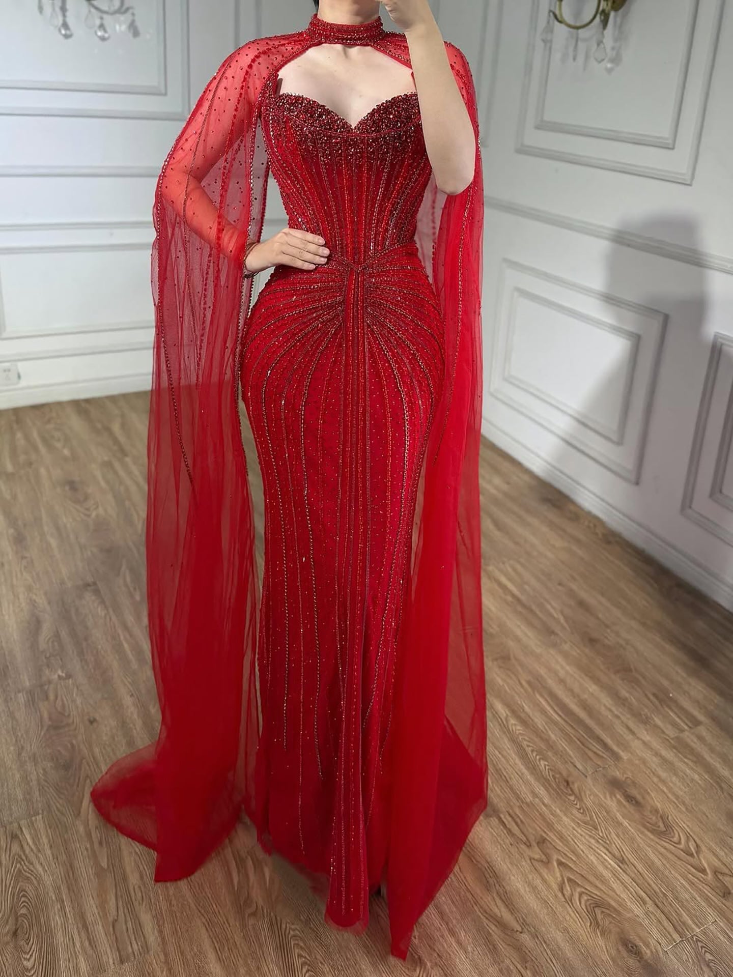 Vestido de Noche de Lujo con Capa y Cuentas de Caramelo de Dubái LA72811C