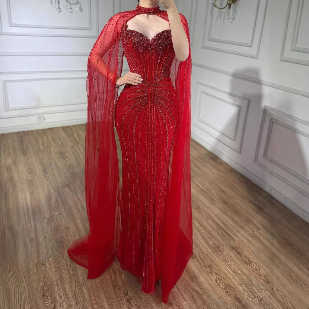 Vestido de Noche de Lujo con Capa y Cuentas de Caramelo de Dubái LA72811C