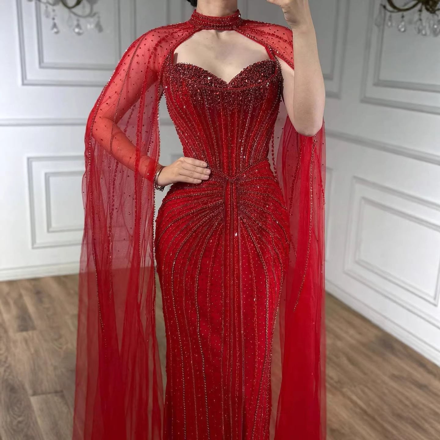 Vestido de Noche de Lujo con Capa y Cuentas de Caramelo de Dubái LA72811C