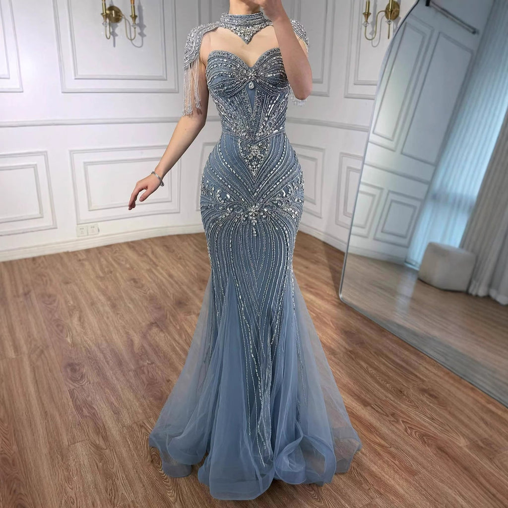 Vestido de Noche Sirena con Cuentas Color Nude de Lujo y Cuello Alto LA72897