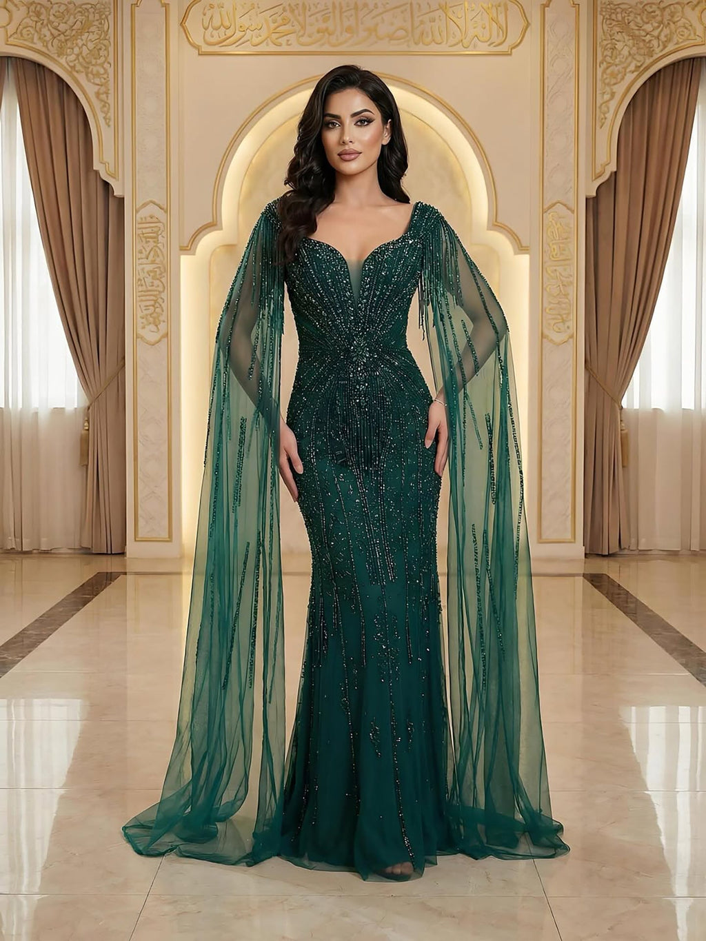 Luxuriöses, perlenbesetztes Abendkleid in Karamell mit Cape LA72992A