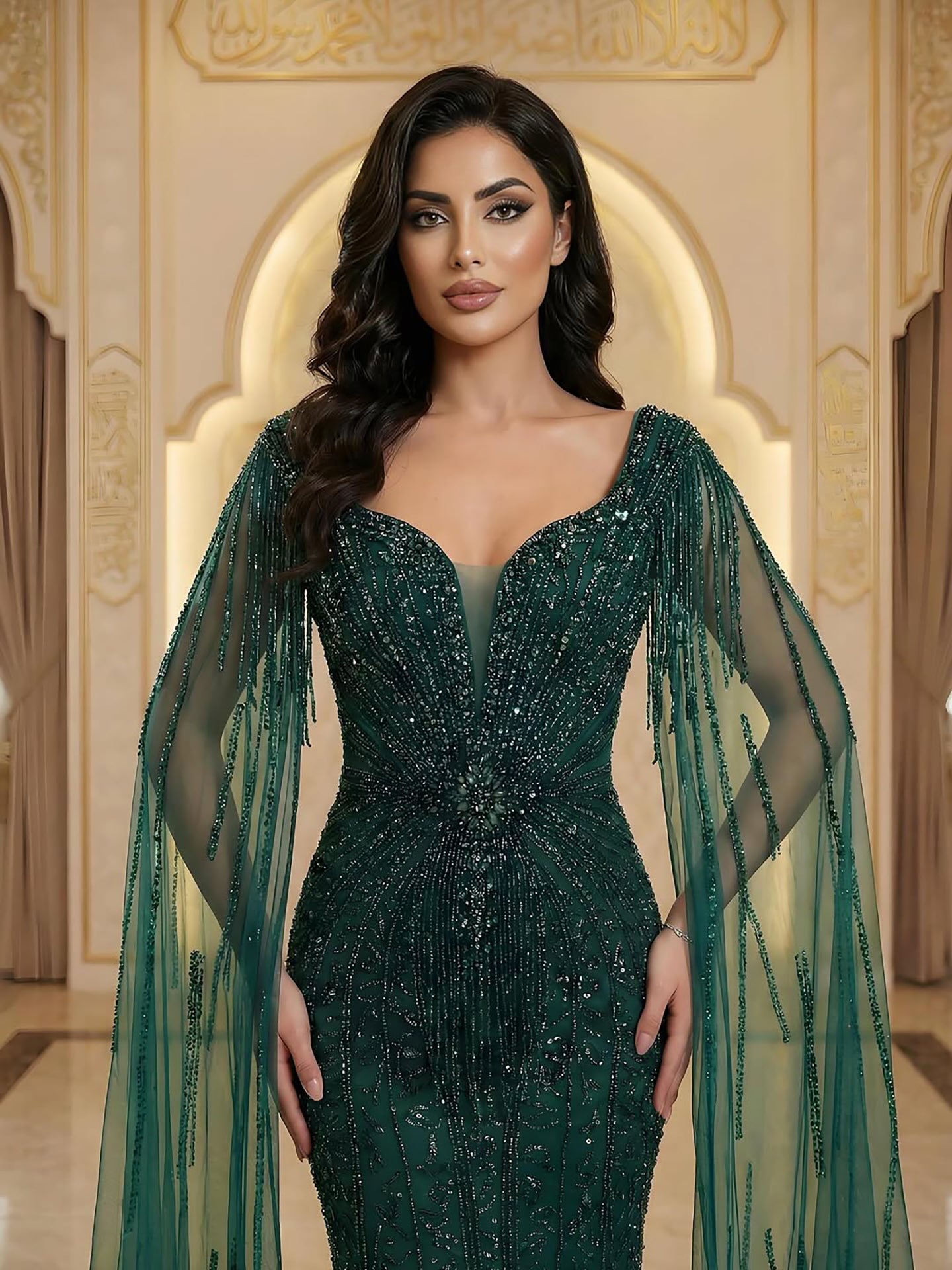 Luxuriöses, perlenbesetztes Abendkleid in Karamell mit Cape LA72992A