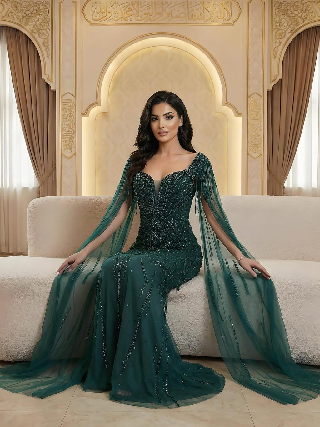 Luxuriöses, perlenbesetztes Abendkleid in Karamell mit Cape LA72992A