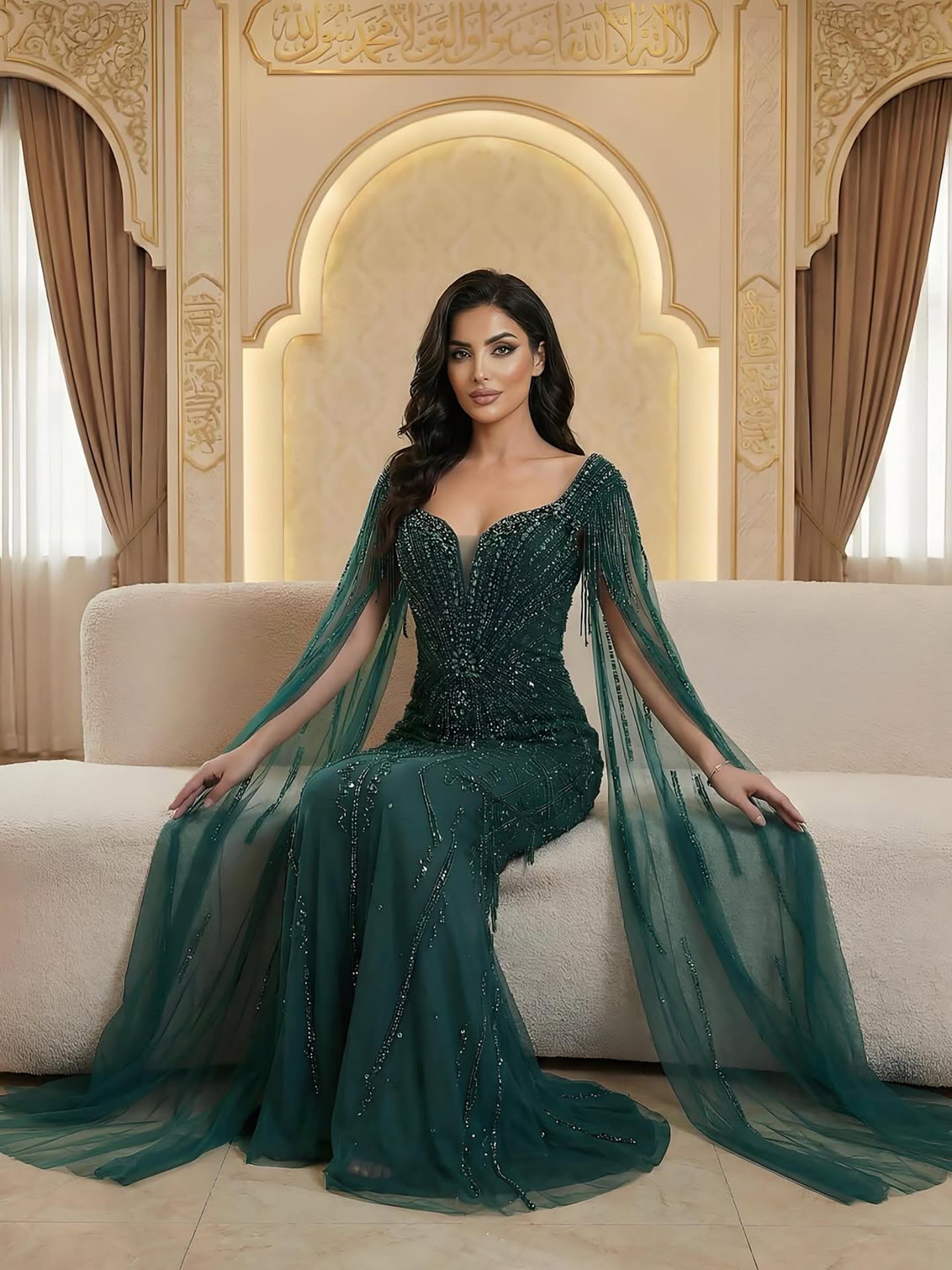 Luxuriöses, perlenbesetztes Abendkleid in Karamell mit Cape LA72992A