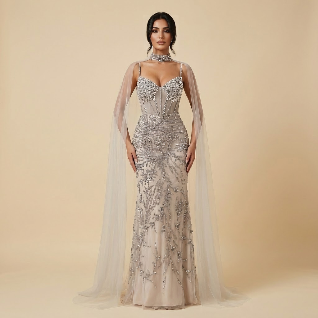 Luxuriöses Abendkleid Grau Perlenbesetzt Mit Umhang Ballkleid LA73342