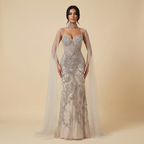 Luxuriöses Abendkleid Grau Perlenbesetzt Mit Umhang Ballkleid LA73342