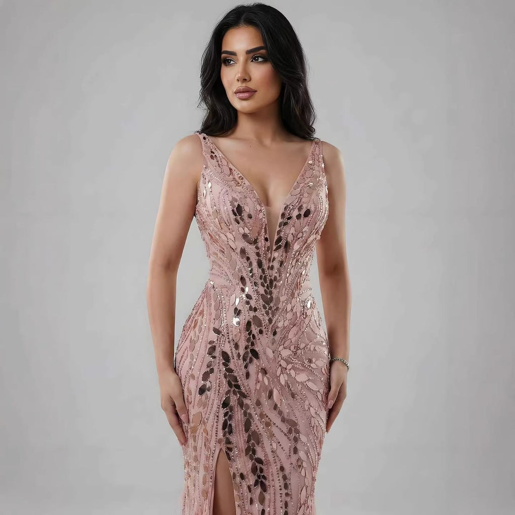 Luxuriöses blaues, perlenbesetztes Feder-Meerjungfrauen-Abendkleid
