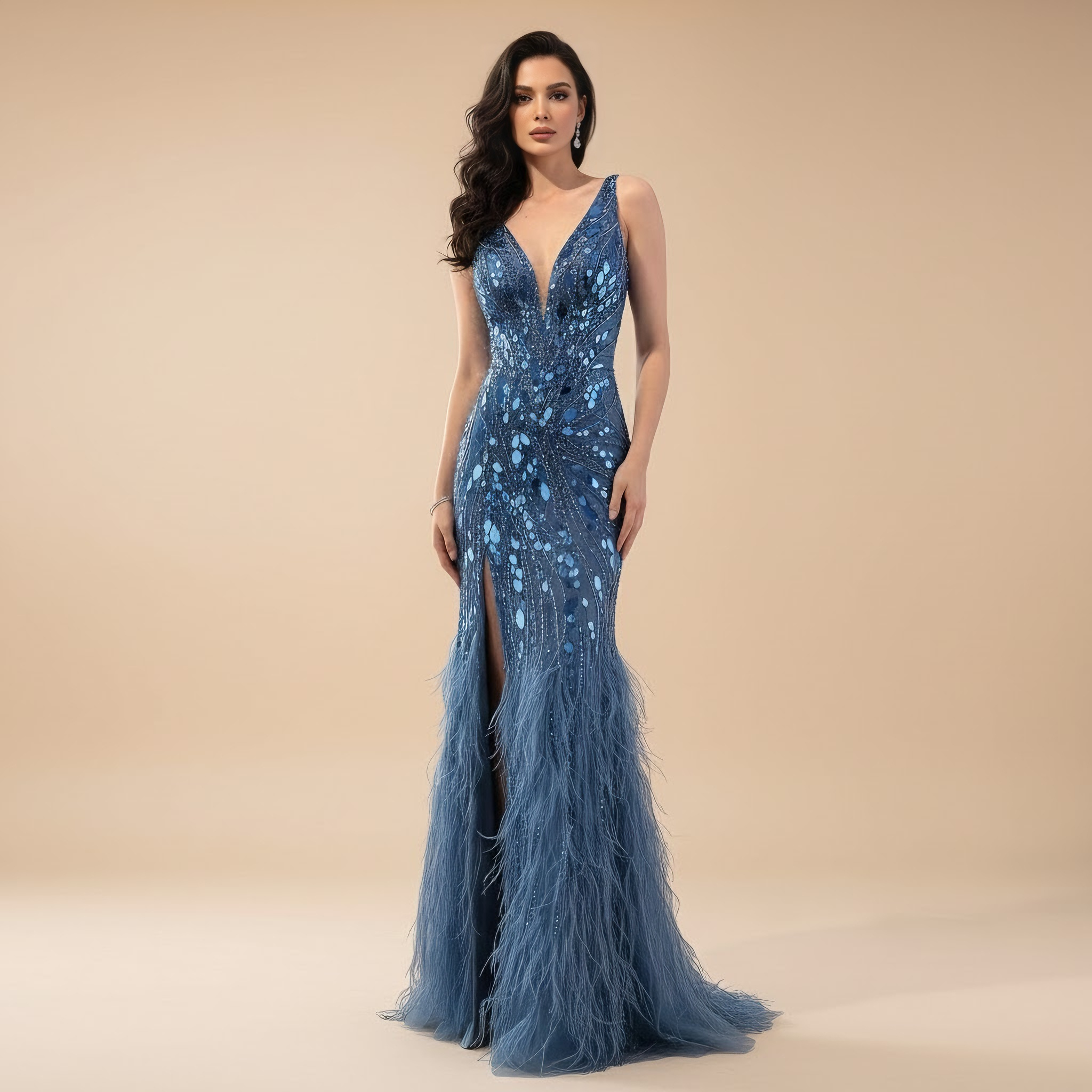 Luxury Blue Beaded Feather Mermaid Evening Dress