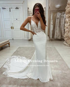 Boho Wedding Dresses V-Neck Appliques Lace Mermaid Elegant Wedding Gown Spaghetti Strap Sexy Country Bridal Dress&nbsp;