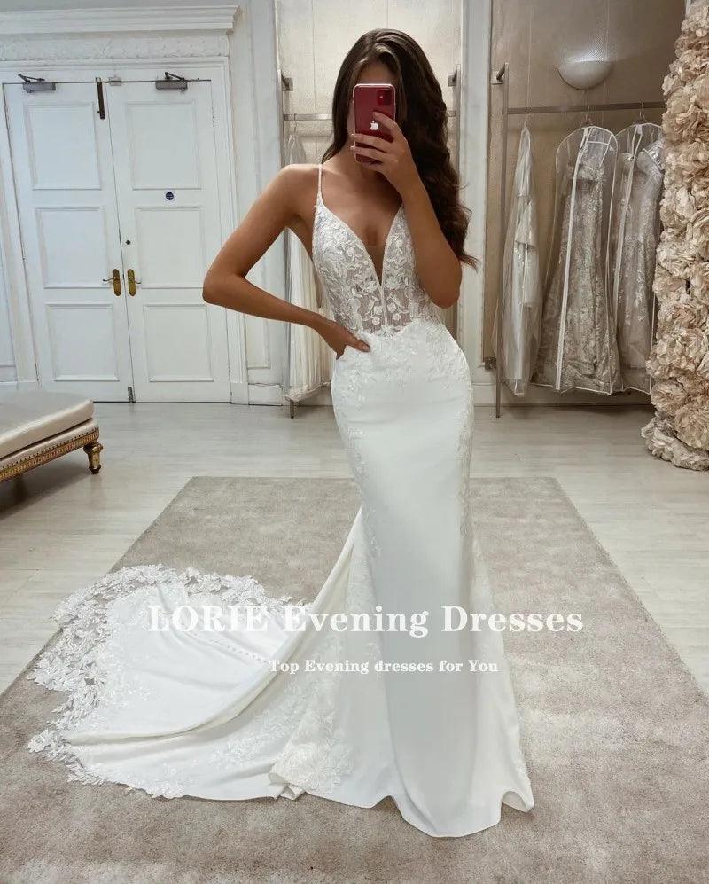 Boho Wedding Dresses V-Neck Appliques Lace Mermaid Elegant Wedding Gown Spaghetti Strap Sexy Country Bridal Dress&nbsp;