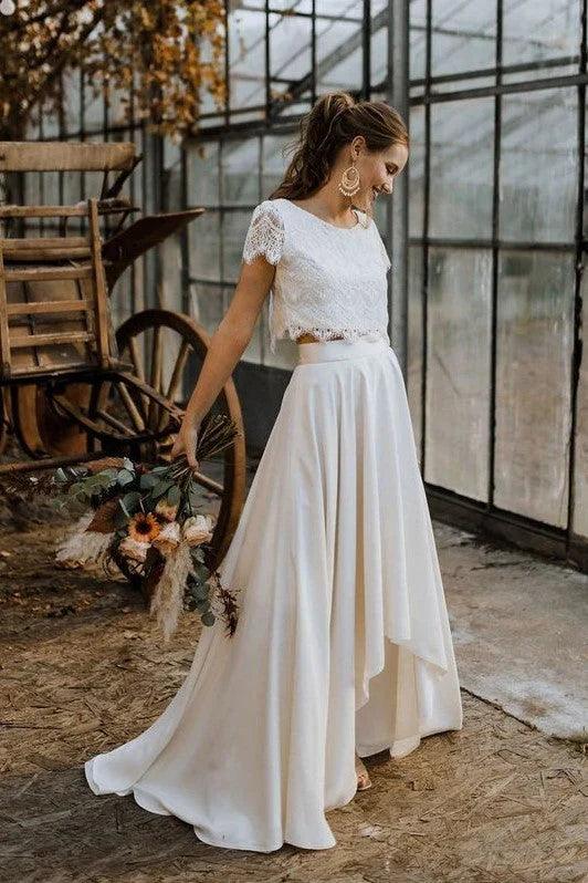 Brautkleider Spitze A Linie Zweiteiler Chiffon Halbarm High Low