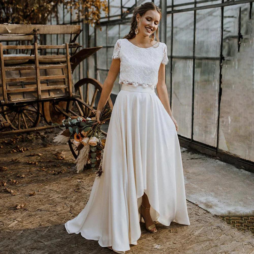 Brautkleider Spitze A Linie Zweiteiler Chiffon Halbarm High Low